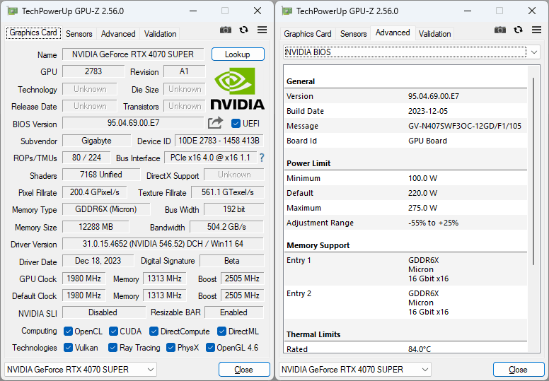 Gigabyte RTX 4070 SUPER Windforce OC 12G GPUZ