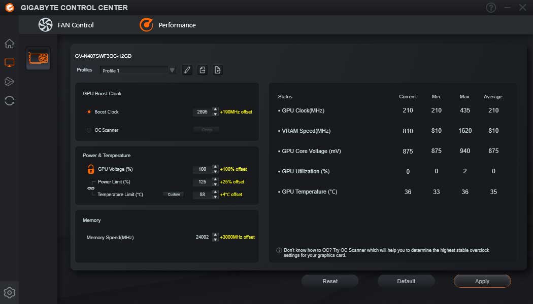 Gigabyte RTX 4070 SUPER Windforce OC 12G; přetaktování