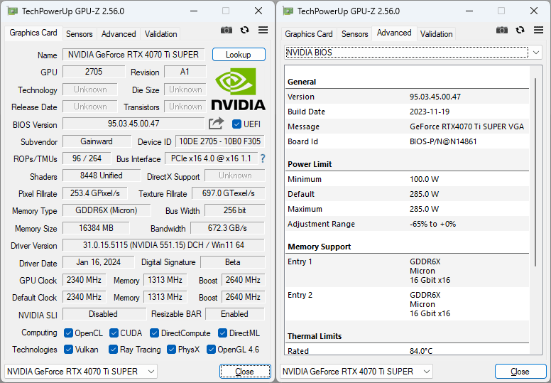 Gainward RTX 4070 Ti SUPER Panther OC 16G GPUZ