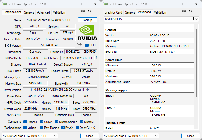 Gainward RTX 4080 SUPER Panther OC 16G GPUZ