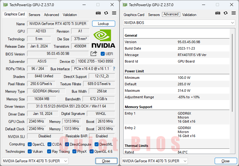 Asus TUF RTX 4070 Ti SUPER 16G Gaming GPUZ; Quiet mode