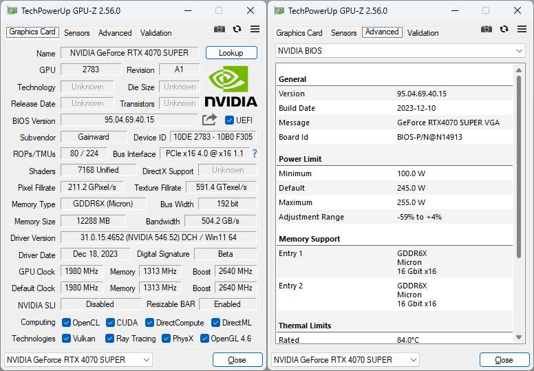 Pro zvětšení klikni Gainward RTX 4070 SUPER Panther OC 12G GPUZ