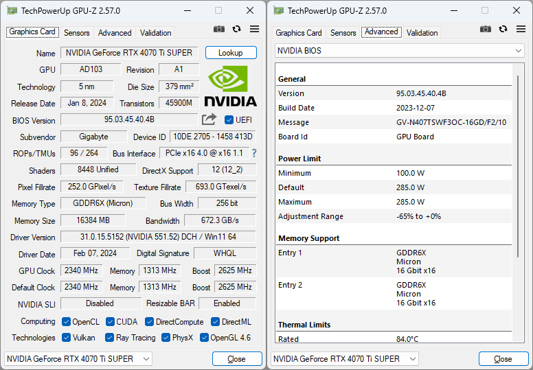 Gigabyte RTX 4070 Ti SUPER Windforce OC 16G GPUZ