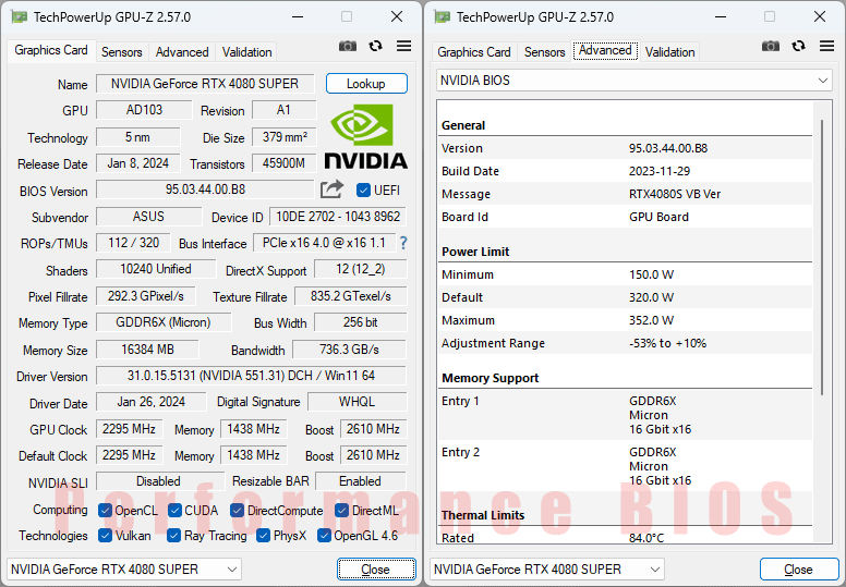 Asus TUF RTX 4080 SUPER O16G Gaming GPUZ; Performance mode