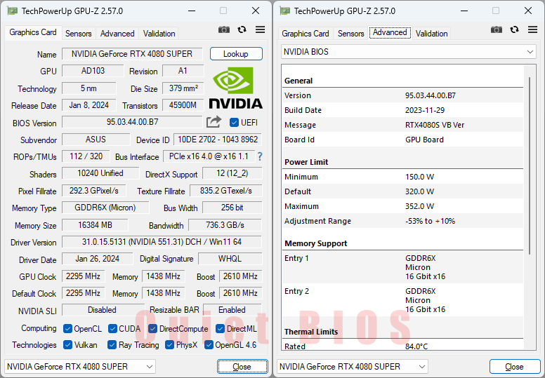 Asus TUF RTX 4080 SUPER O16G Gaming GPUZ; Quiet mode