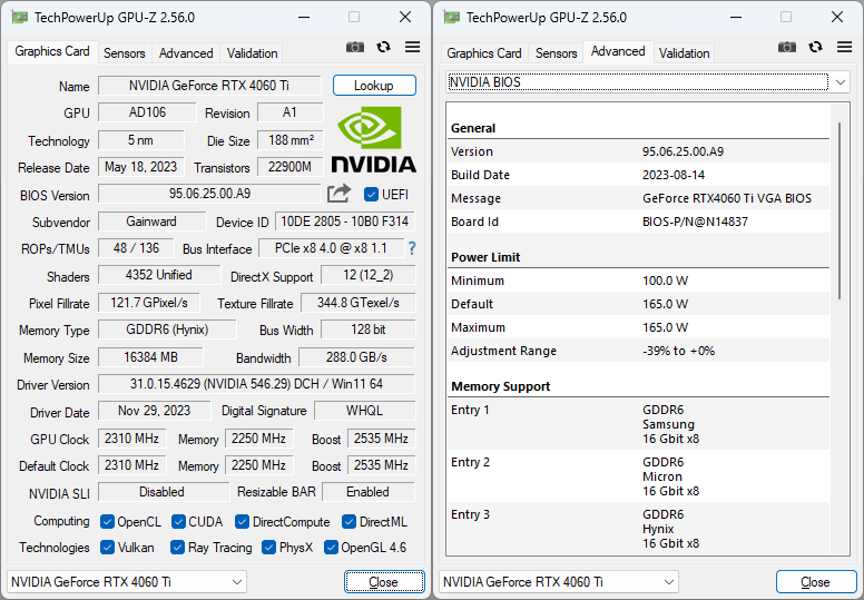 Gainward RTX 4060 Ti PANTHER 16G GPUZ