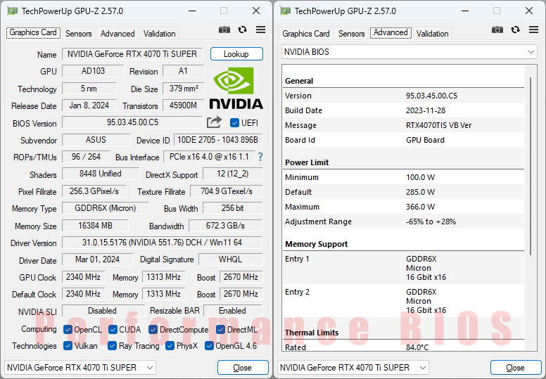 Asus STRIX RTX 4070 Ti SUPER O16G Gaming GPUZ; Performance mode