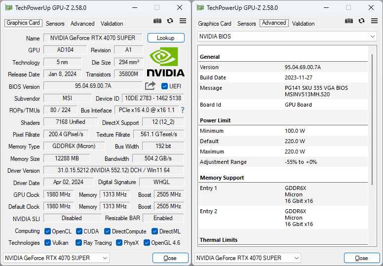 MSI RTX 4070 SUPER 12G VENTUS 2X WHITE OC GPUZ