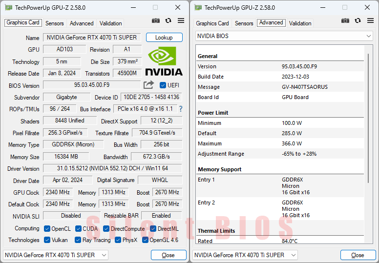 Gigabyte AORUS RTX 4070 Ti SUPER MASTER 16G GPUZ; Silent BIOS