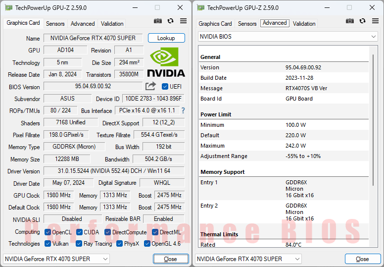 Asus DUAL RTX 4070 SUPER 12G GPUZ; Performance mode