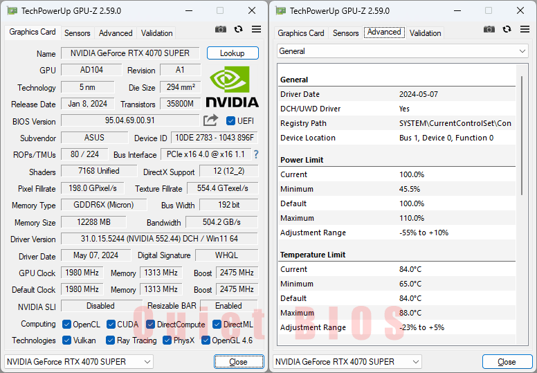 Asus DUAL RTX 4070 SUPER 12G GPUZ; Quiet mode