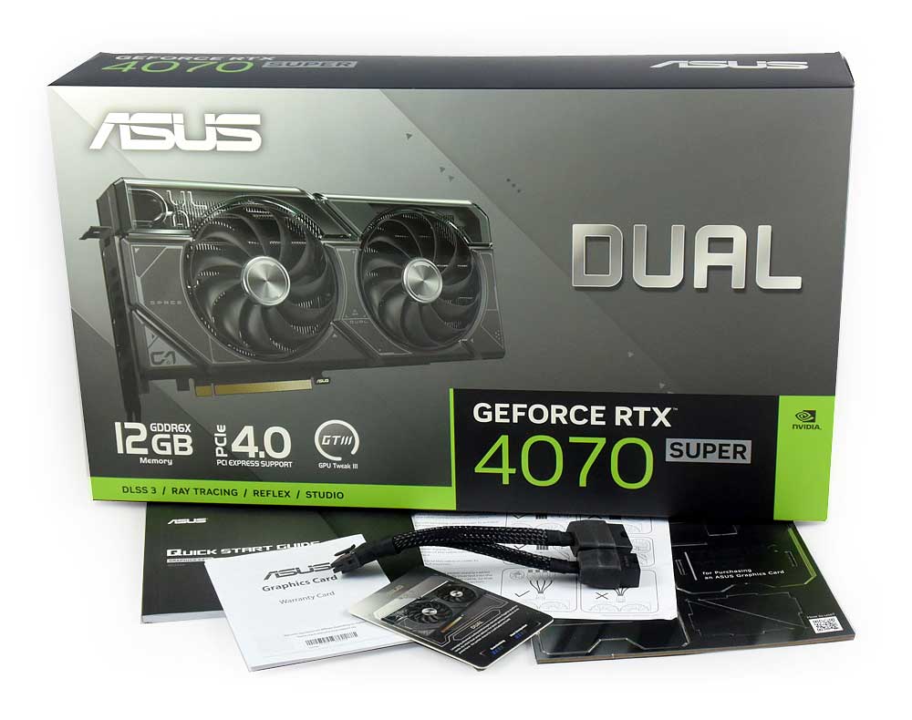 Pro zvětšení klikni Asus DUAL RTX 4070 SUPER 12G; balení