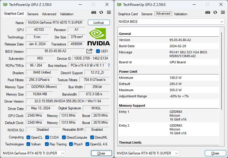 Pro zvětšení klikni MSI RTX 4070 Ti SUPER 16G EXPERT GPUZ