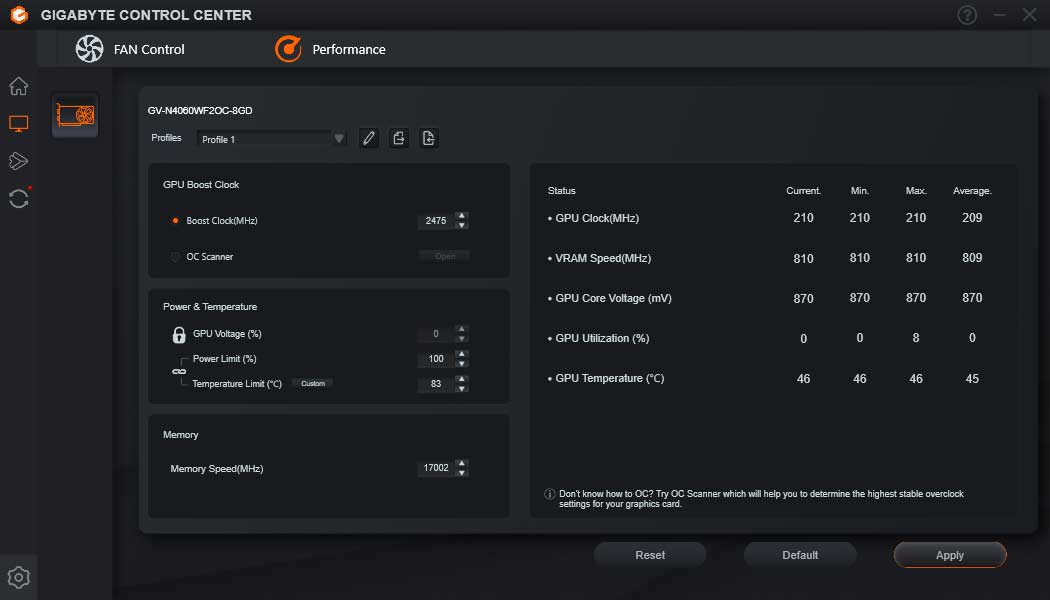 Pro zvětšení klikni Gigabyte Control Center; Performance