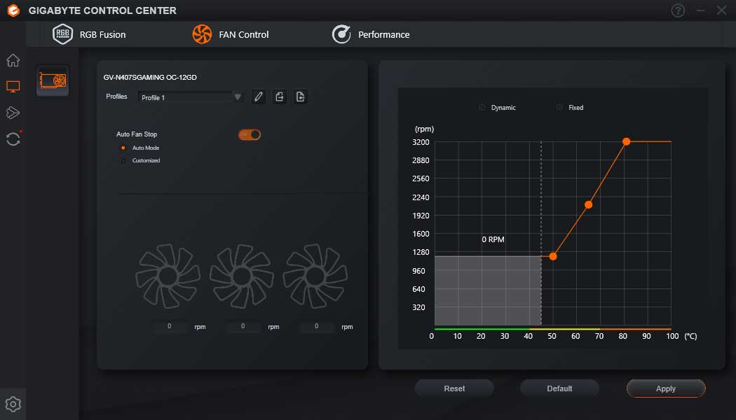 Pro zvětšení klikni Gigabyte Control Center; Fan Control