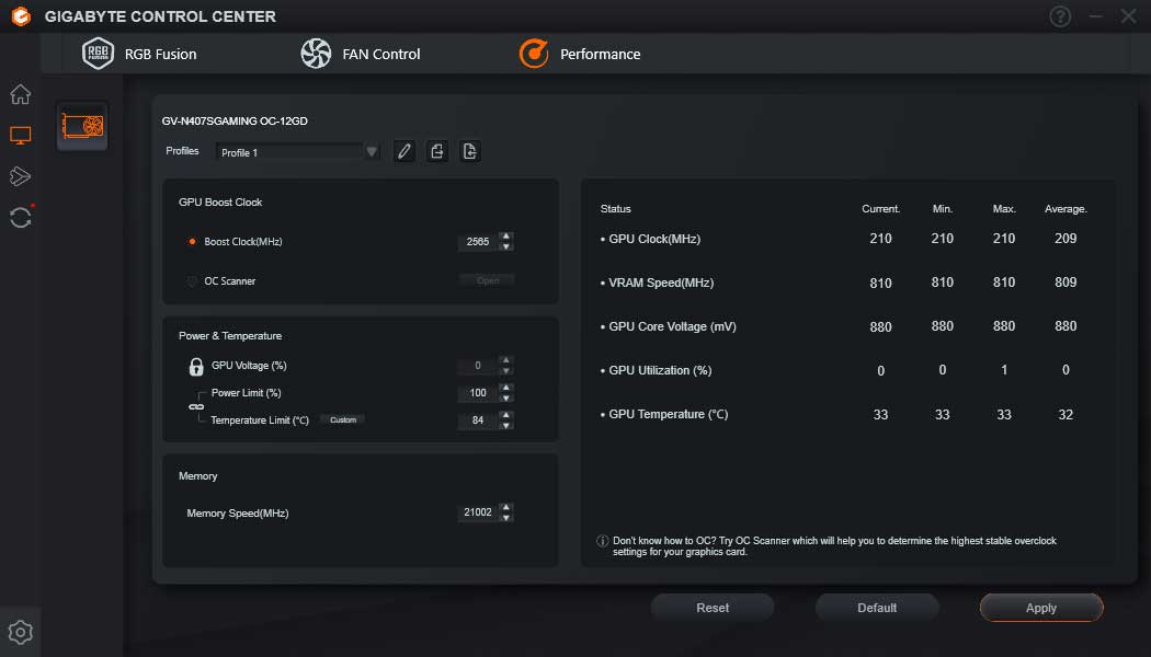 Pro zvětšení klikni Gigabyte Control Center; Performance