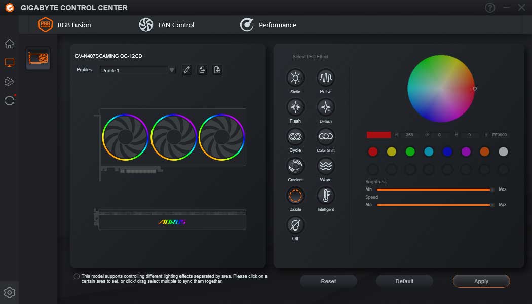 Pro zvětšení klikni Gigabyte Control Center; RGB Fusion