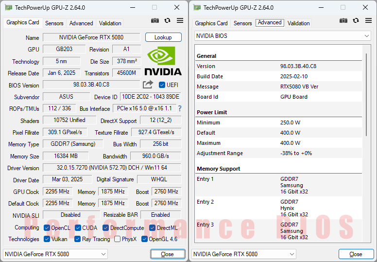 Asus ASTRAL RTX 5080 O16G Gaming GPUZ; Performance mode