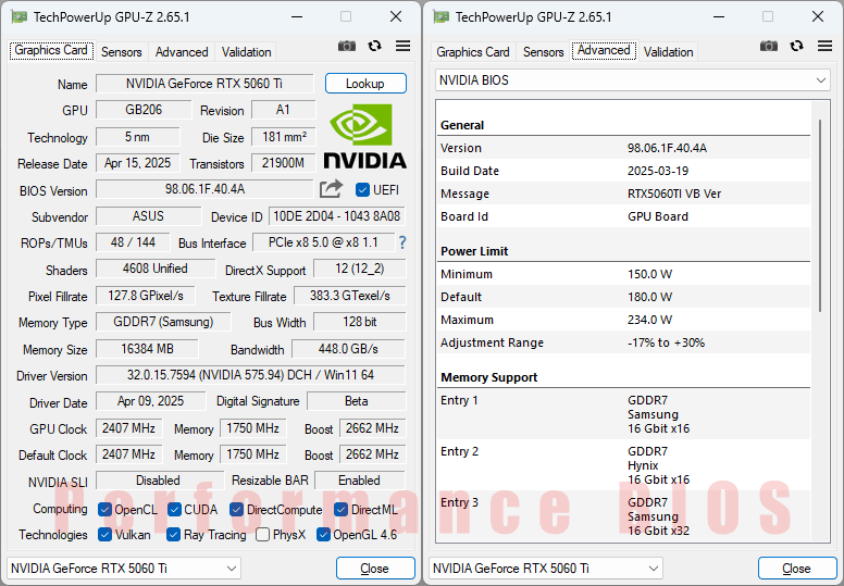 Asus TUF RTX 5060 Ti O16G Gaming GPUZ; Performance BIOS