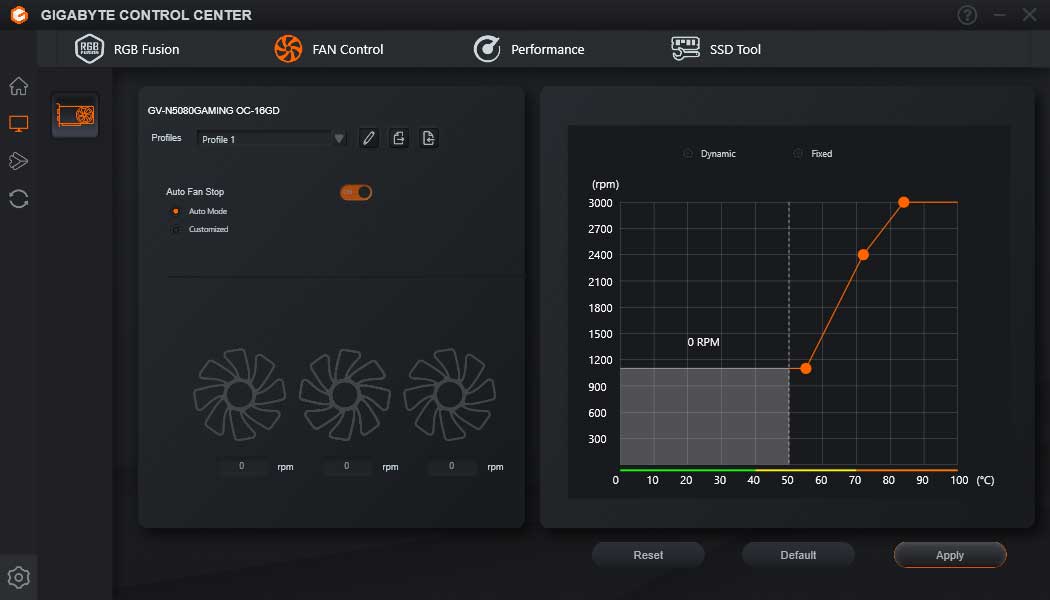 Pro zvětšení klikni Gigabyte Control Center; Fan Control