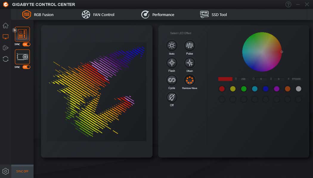 Pro zvětšení klikni Gigabyte Control Center; RGB Fusion
