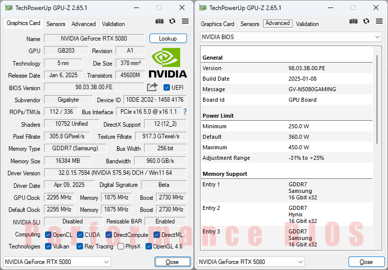 Gigabyte RTX 5080 GAMING OC 16G GPUZ; Performance BIOS