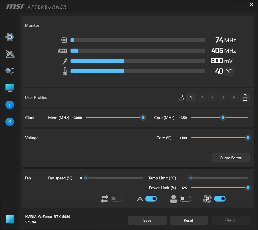 Gigabyte RTX 5080 GAMING OC 16G; přetaktování