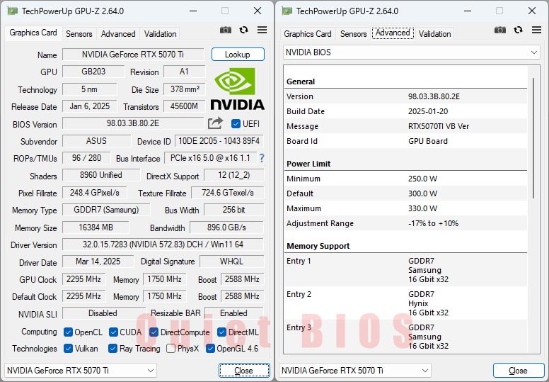 Asus TUF RTX 5070 Ti O16G Gaming GPUZ; Quiet BIOS