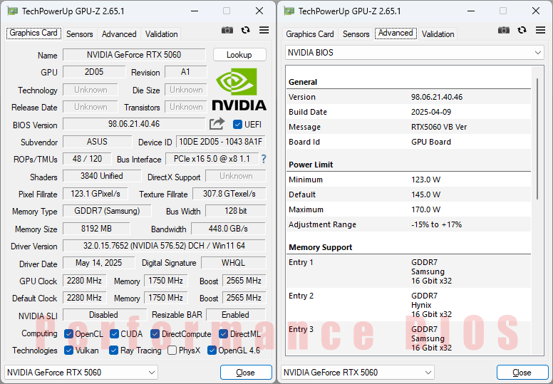 Asus PRIME RTX 5060 O8G GPUZ; Performance BIOS