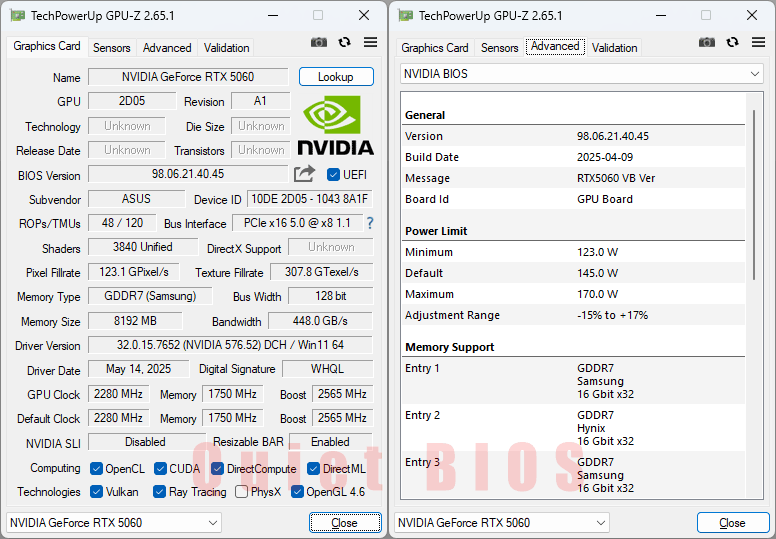 Asus PRIME RTX 5060 O8G GPUZ; Quiet BIOS