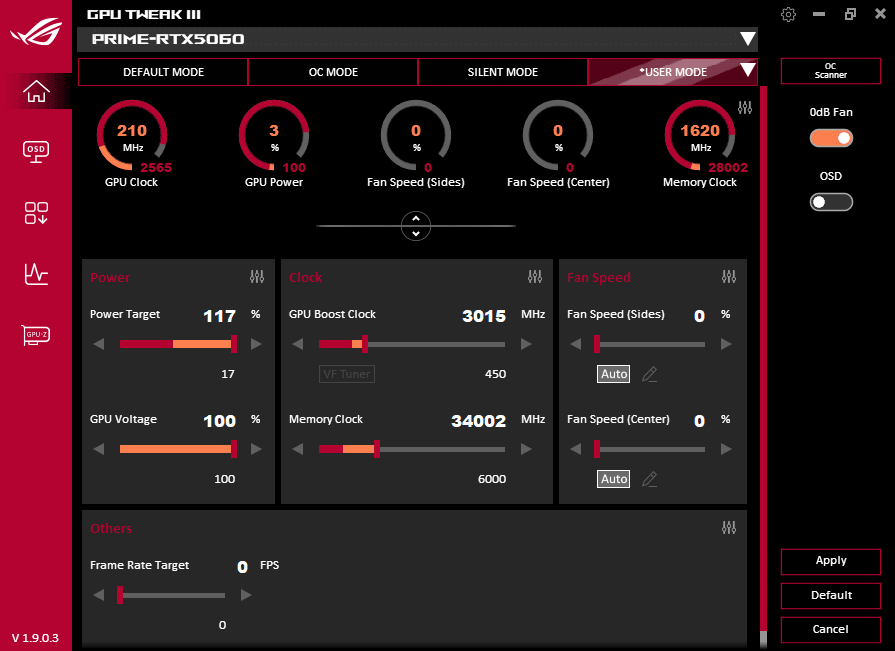 Asus PRIME RTX 5060 O8G; přetaktování