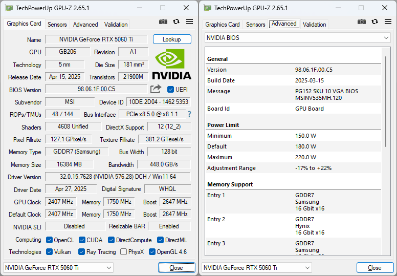 Pro zvětšení klikni MSI RTX 5060 Ti 16G GAMING TRIO OC GPUZ