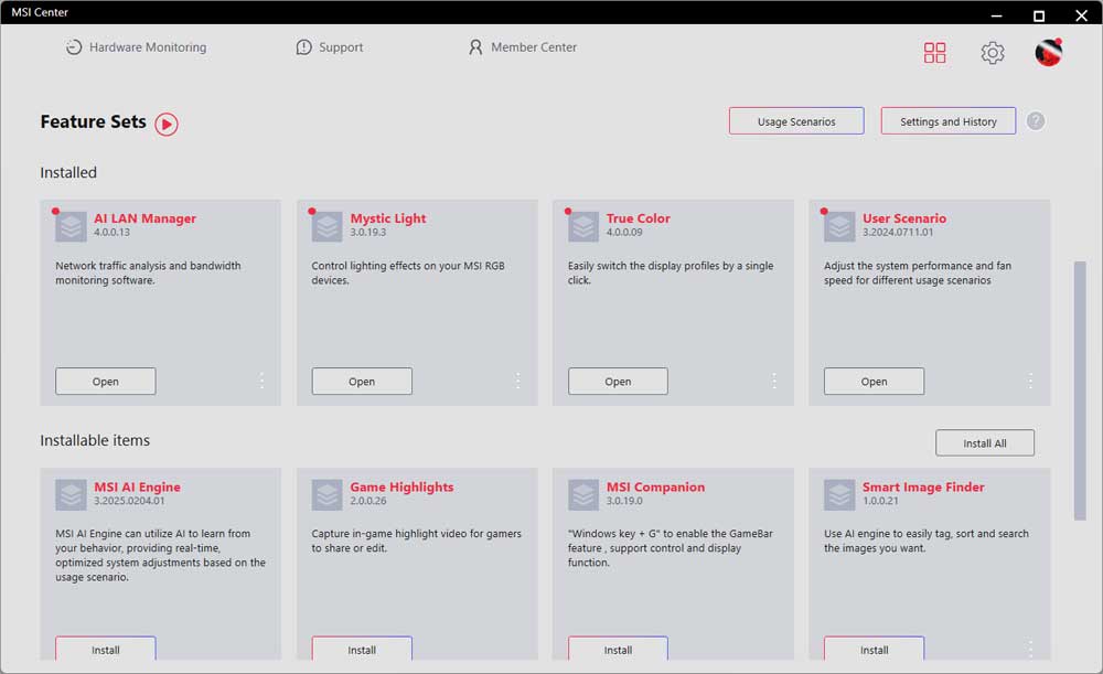 MSI Center; Feature Sets
