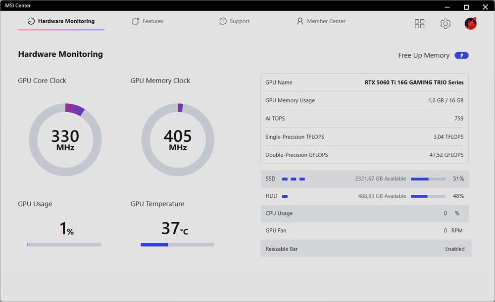 MSI Center; Hardware Monitoring