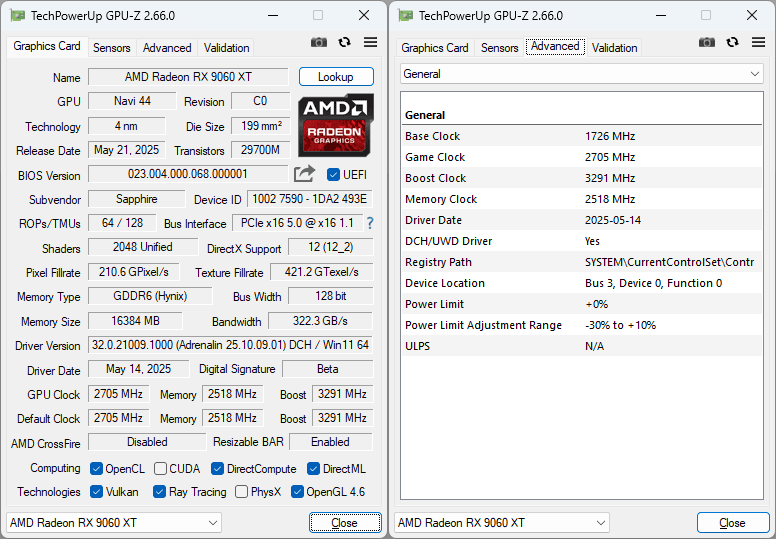 Pro zvětšení klikni Sapphire PURE RX 9060 XT Gaming OC 16G GPUZ