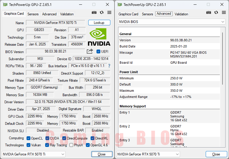 MSI RTX 5070 Ti 16G VANGUARD SOC GPUZ; Gaming BIOS