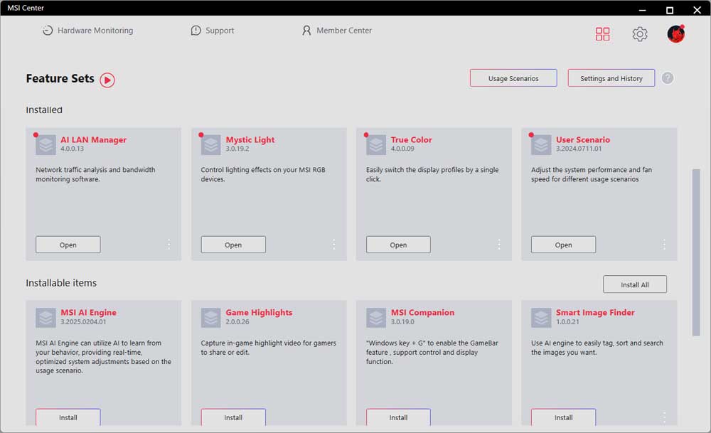 MSI Center; Feature Sets