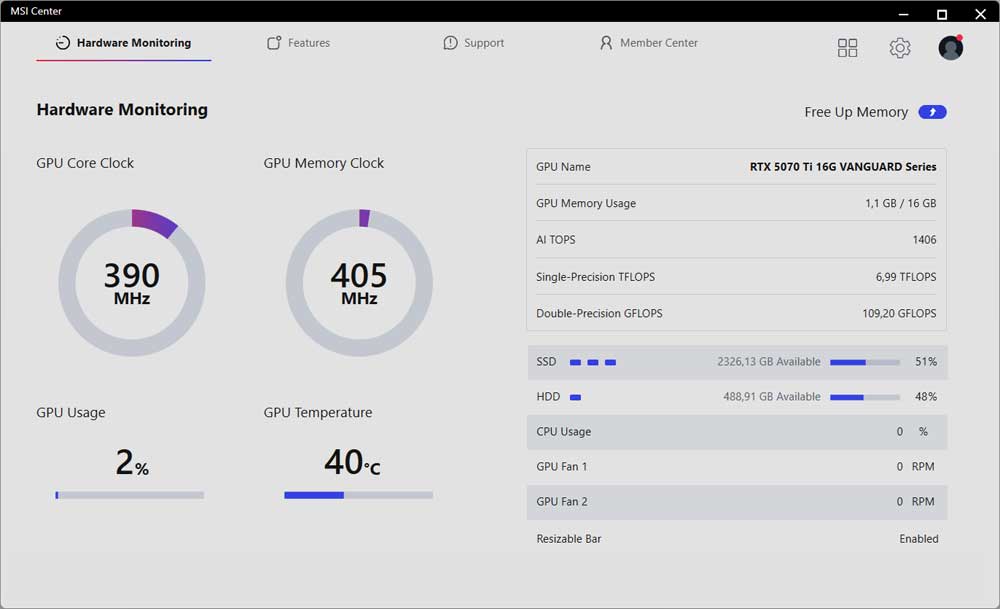 MSI Center; Hardware Monitoring