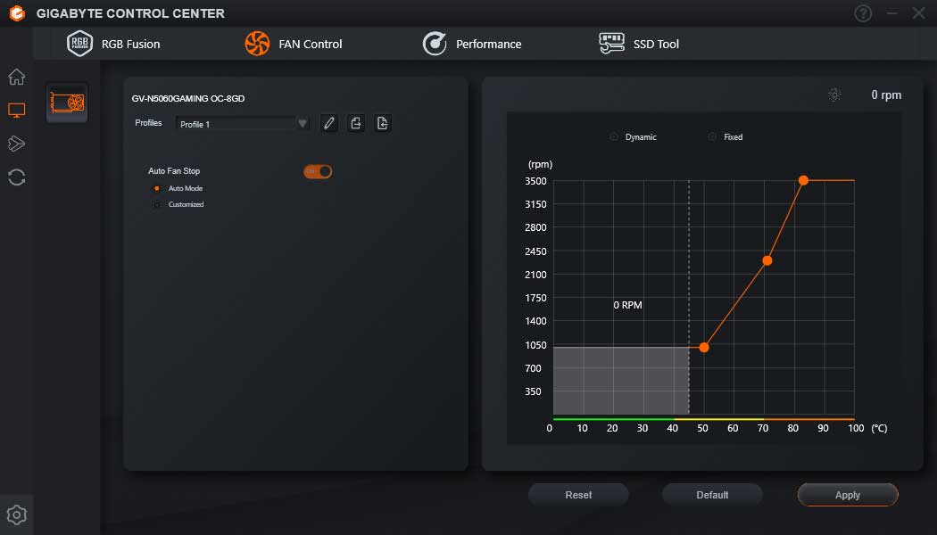 Pro zvětšení klikni Gigabyte Control Center; Fan Control