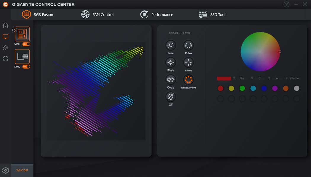 Pro zvětšení klikni Gigabyte Control Center; RGB Fusion
