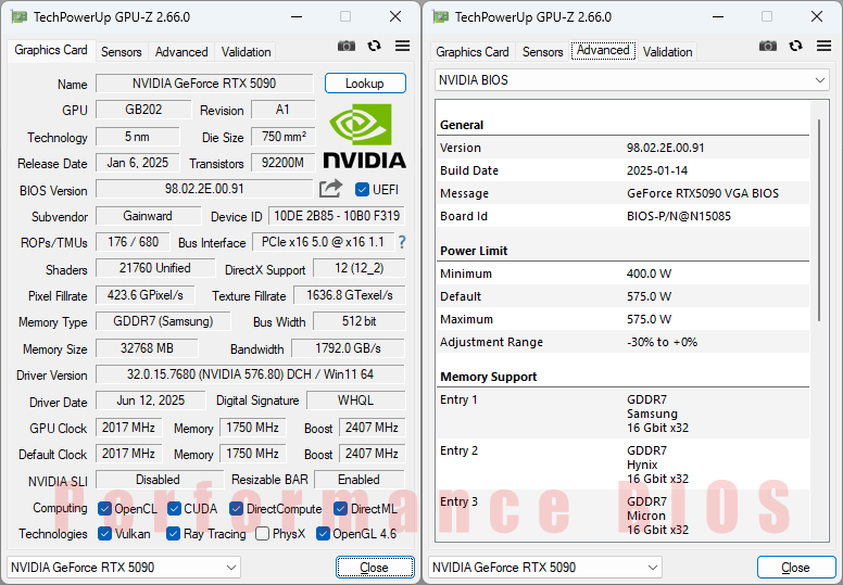 Gainward RTX 5090 PHANTOM 32G GPUZ; Performance BIOS