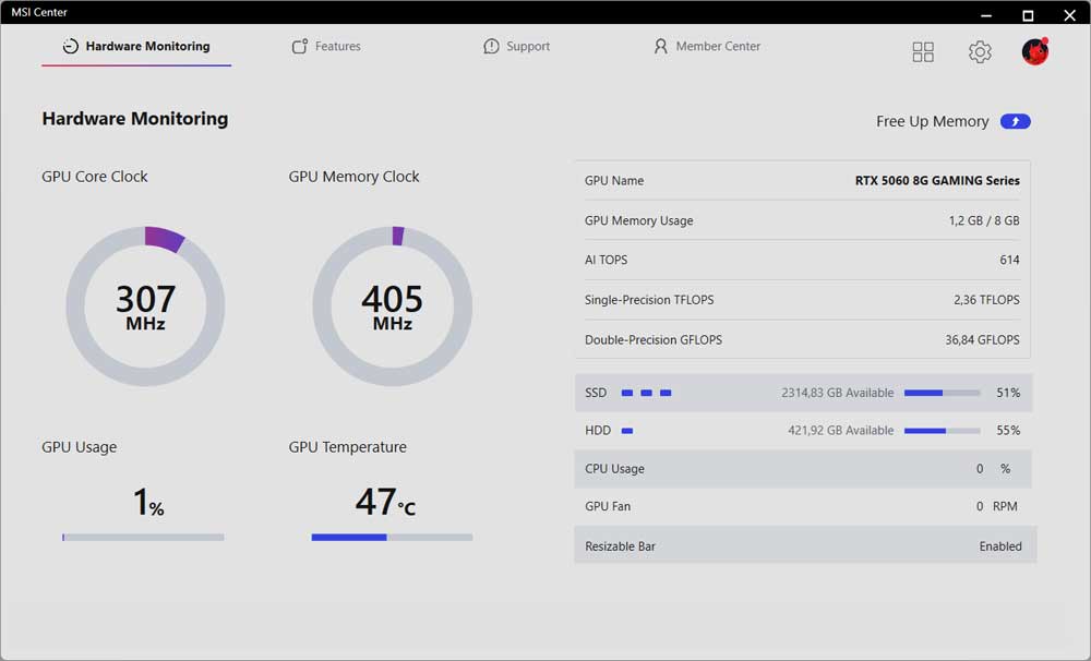 MSI Center; Hardware Monitoring