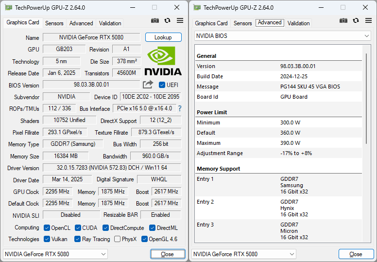 Pro zvětšení klikni NVIDIA RTX 5080 Founders Edition 16G GPUZ