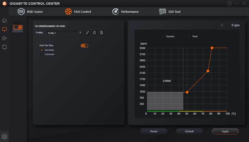 Pro zvětšení klikni Gigabyte Control Center; Fan Control