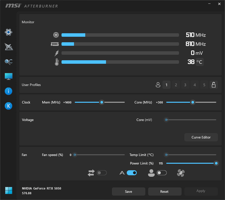 Gigabyte RTX 5050 GAMING OC 8G; přetaktování