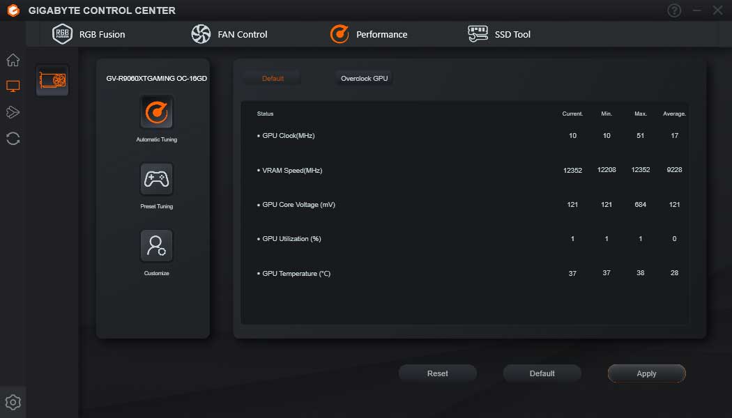 Pro zvětšení klikni Gigabyte Control Center; Performance