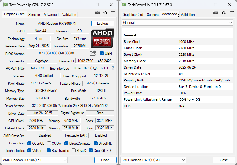 Pro zvětšení klikni Gigabyte RX 9060 XT GAMING OC 16G GPUZ