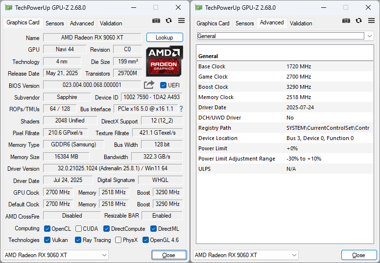 Pro zvětšení klikni Sapphire PULSE RX 9060 XT GAMING OC 16G GPUZ