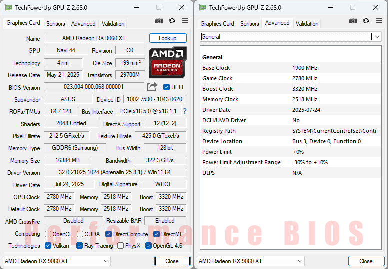 Asus TUF RX 9060 XT O16G Gaming GPUZ; Performance BIOS