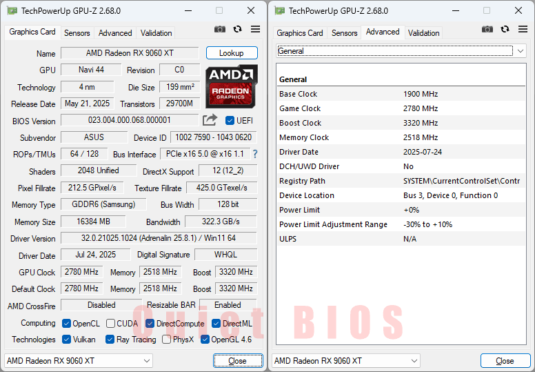 Asus TUF RX 9060 XT O16G Gaming GPUZ; Quiet BIOS
